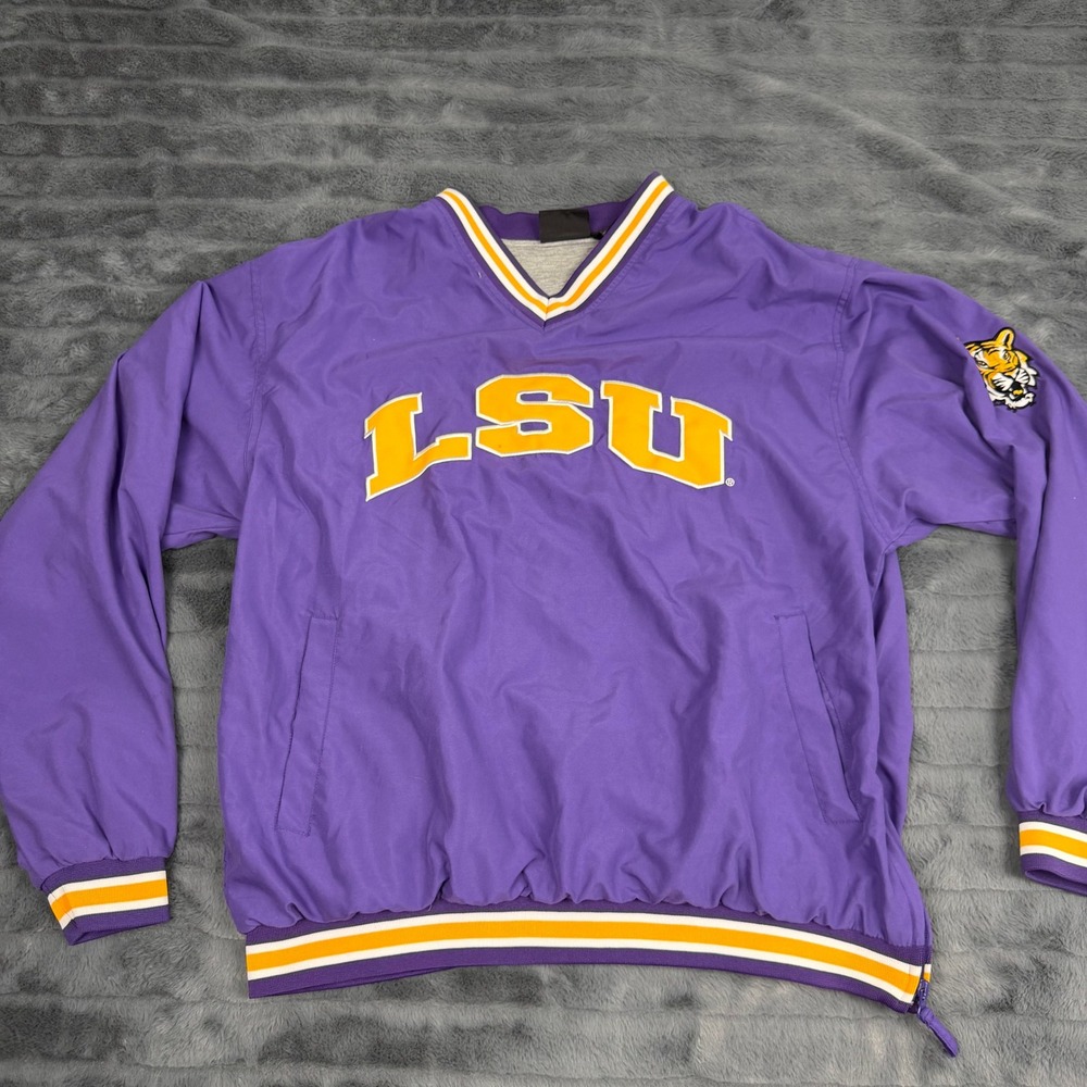 LSU Tigers Team Athletics Purple V-Neck Windbreaker Pullover Jacket Mens Medium